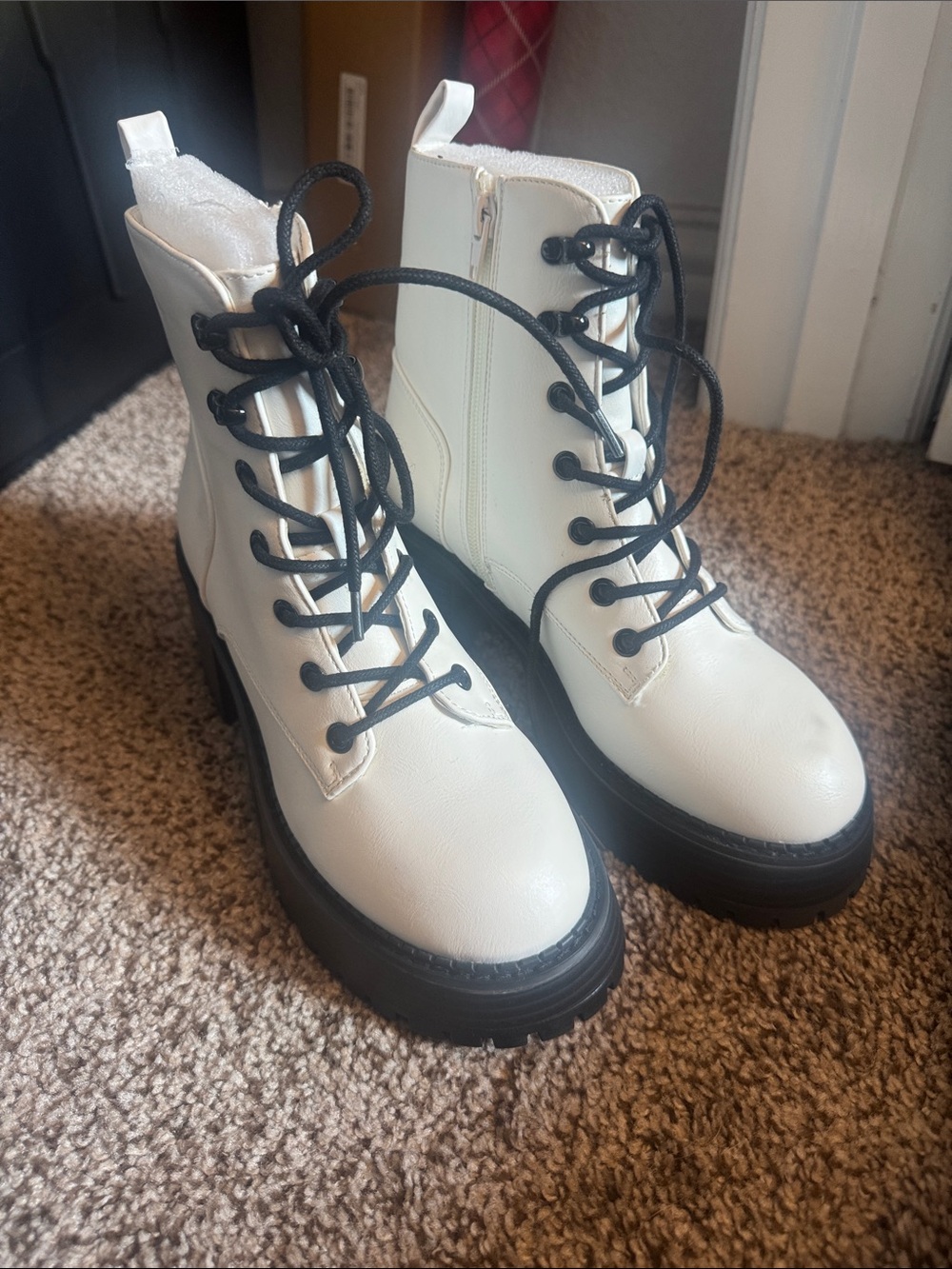 MIA White Lace-Up Combat Boots with Black Lug Sole